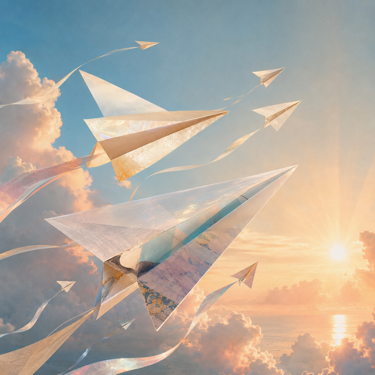 Iridescent paper planes soaring through sunlit peach clouds in a bright blue sky