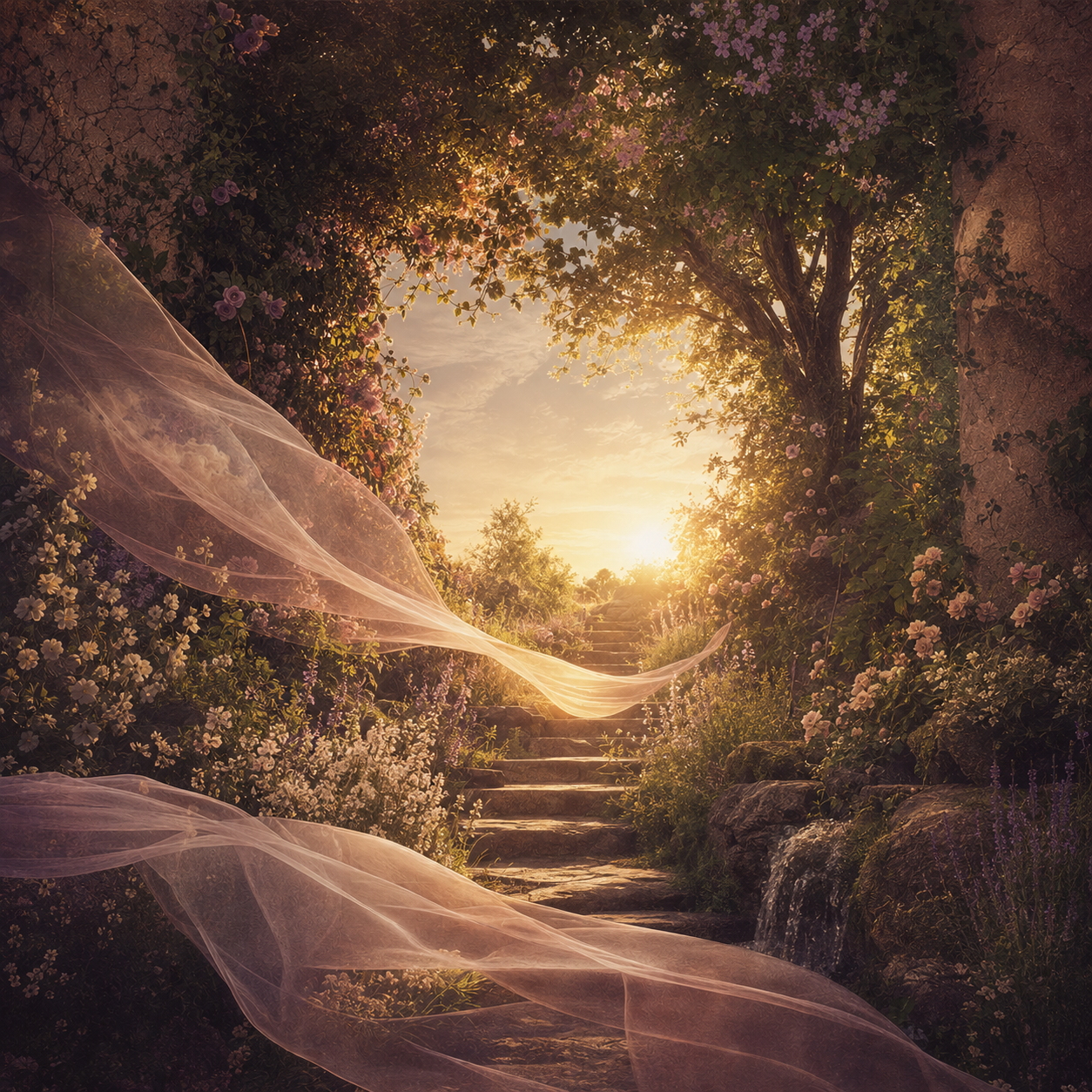 A glowing garden sanctuary with stone steps, flowering trees, and flowing blush fabric at sunrise